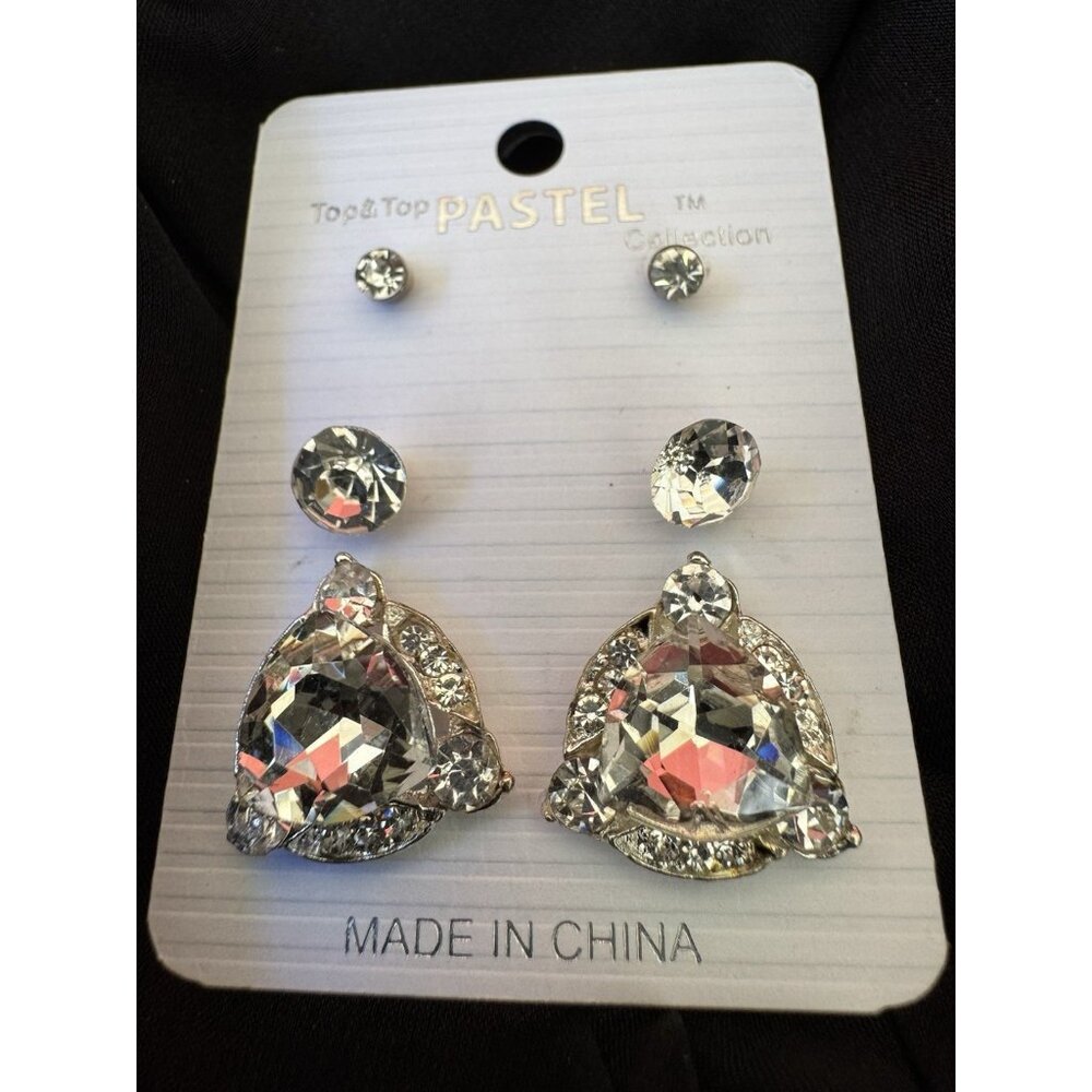 Set of 3 Pastel Faux Crystal Silver Rhinestone Earrings Dangle Drop Party NEW